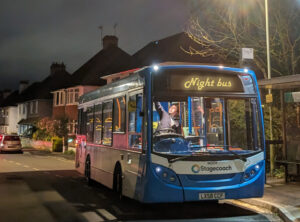 A Stagecoach bus at night