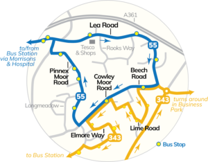 Map of new 55 and 343 routes in Cowley Moor